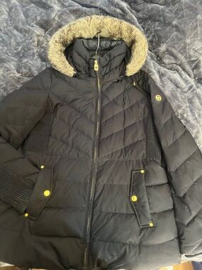 Michael Kors Black Quilted Puffer Coat with Faux Fur Trimmed Hood